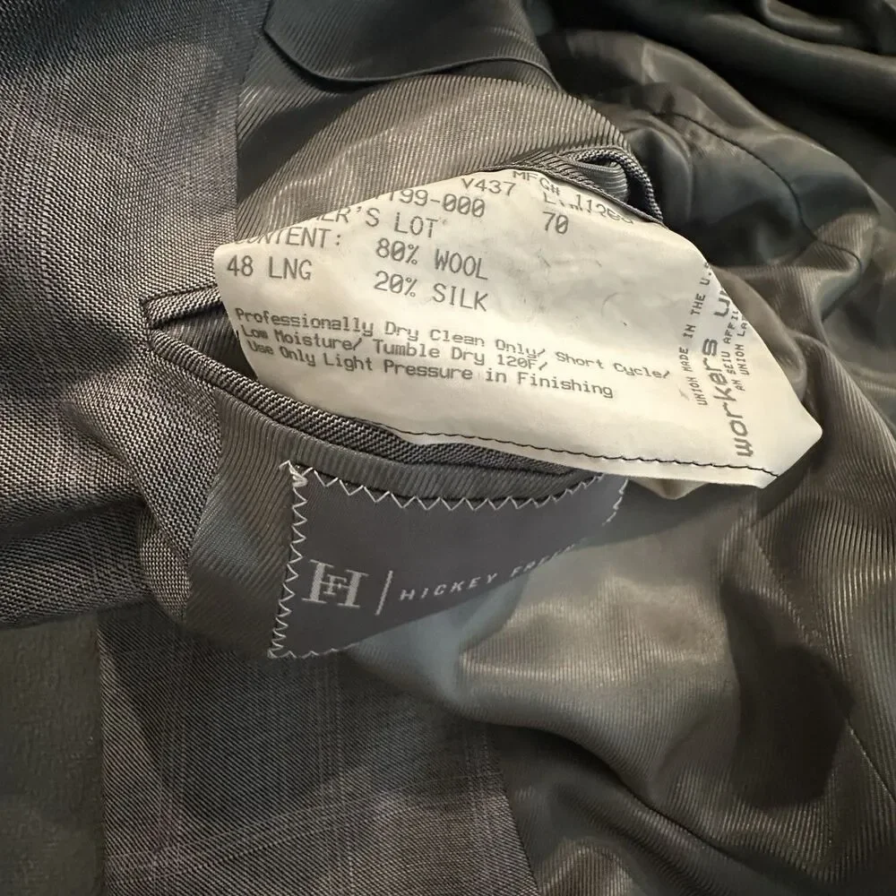 Hickey Freeman 2 Piece Suit Men’s 48L Wool Silk Pleated Pants 38x31 Made in USA